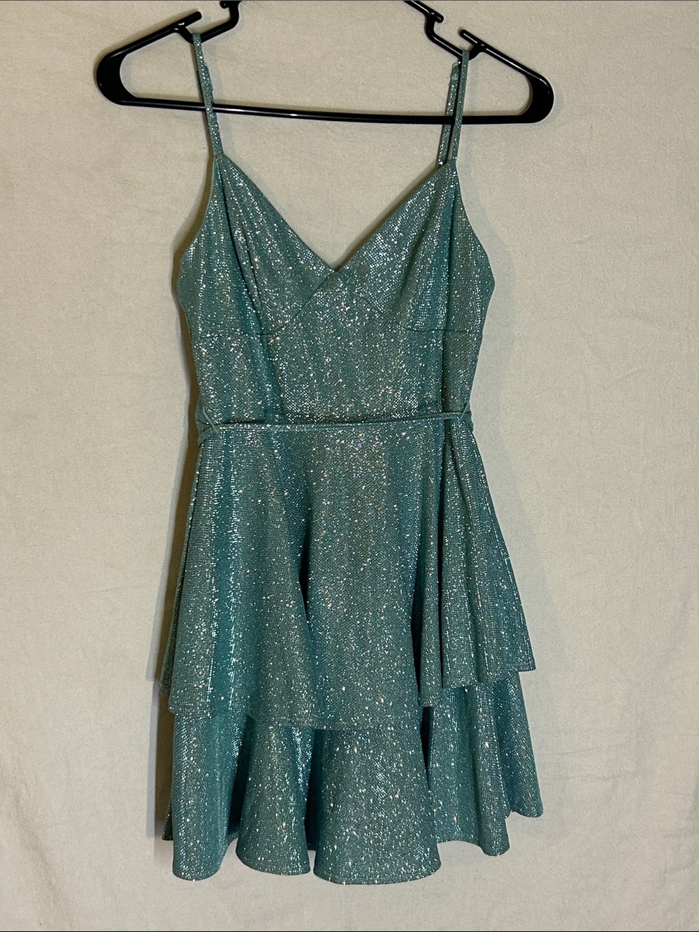 B Darlin Teal Sparkle Tiered Spaghetti-Strap Mini Dress